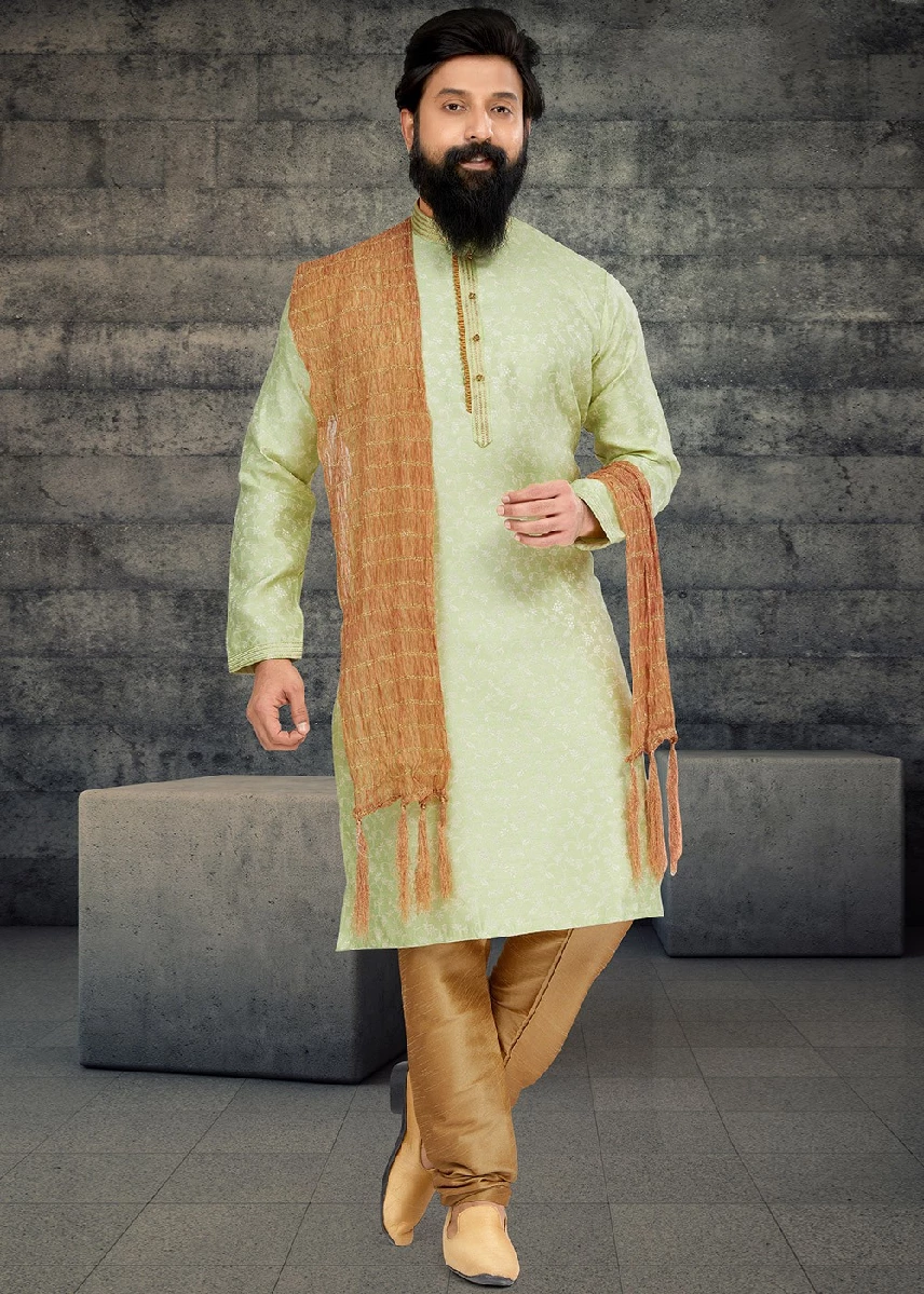 Green Woven Work Kurta Pajama, 36-1.webp